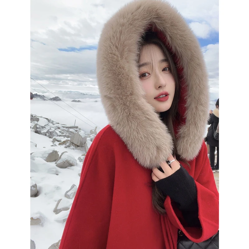 Женское шерстяное пальто Luck A элегантное однотонное с большим меховым воротником