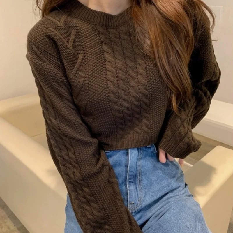 

Корейский вязаный пуловер на осень и зиму, французский Свободный пуловер свободного покроя с круглым вырезом, женский короткий вязаный Топ