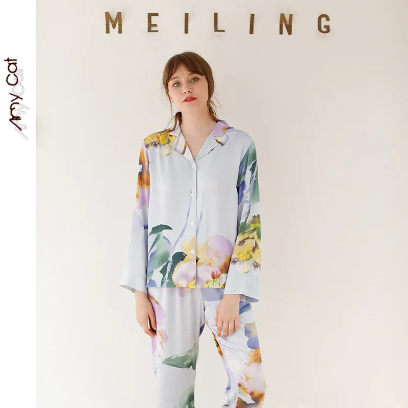 Осень 2019 атласная Повседневная Пижама с длинным рукавом для женщин одежда сна