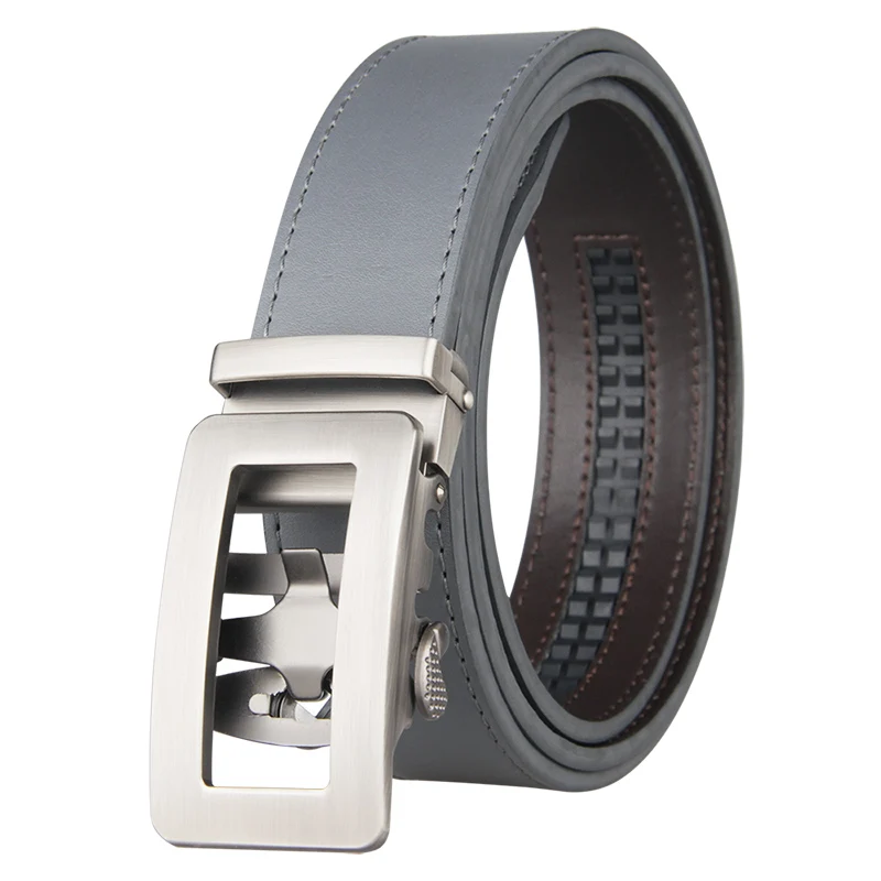 

New Arrival Men Holeless High Quality Gray Leather Ratchet Belt with Automatic Sliding Buckle Waist Belt