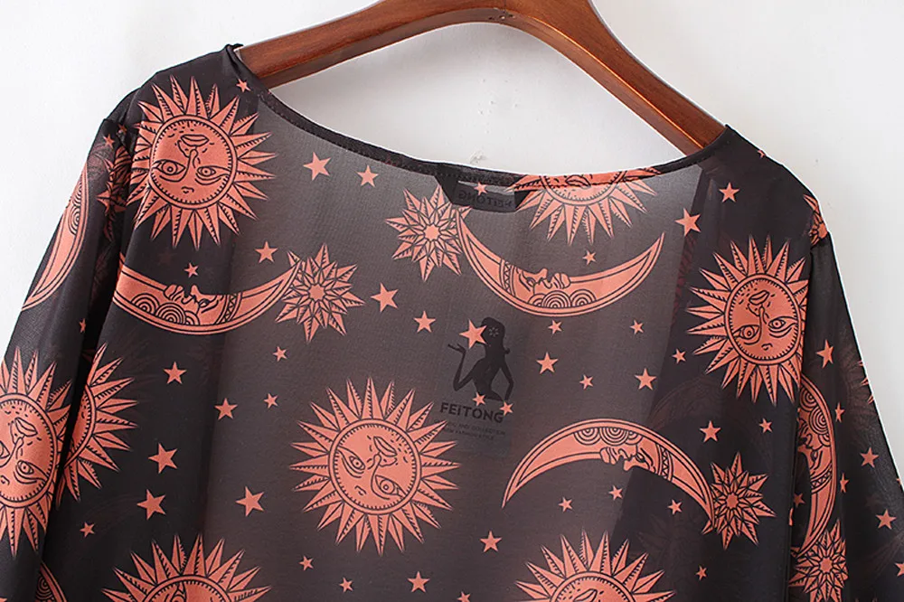 

S~5XLWomen Casual Vintage Kimono Cardigan Ladies 2019 Summer Long Crochet Chiffon Kimono Loose printed Blouse Tops BlackW0717#10