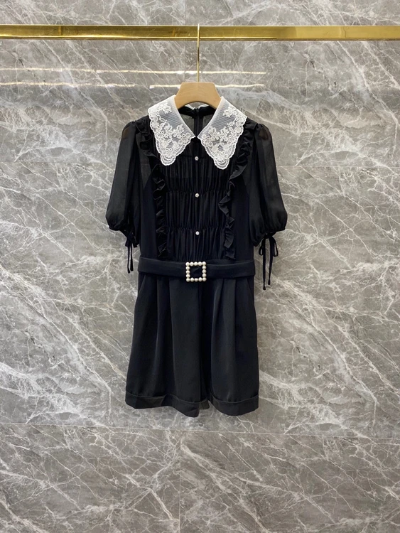 

2021 new women fashion lace stitching lapel buckle belt waist slimming short-sleeved jumpsuit casual pants 603