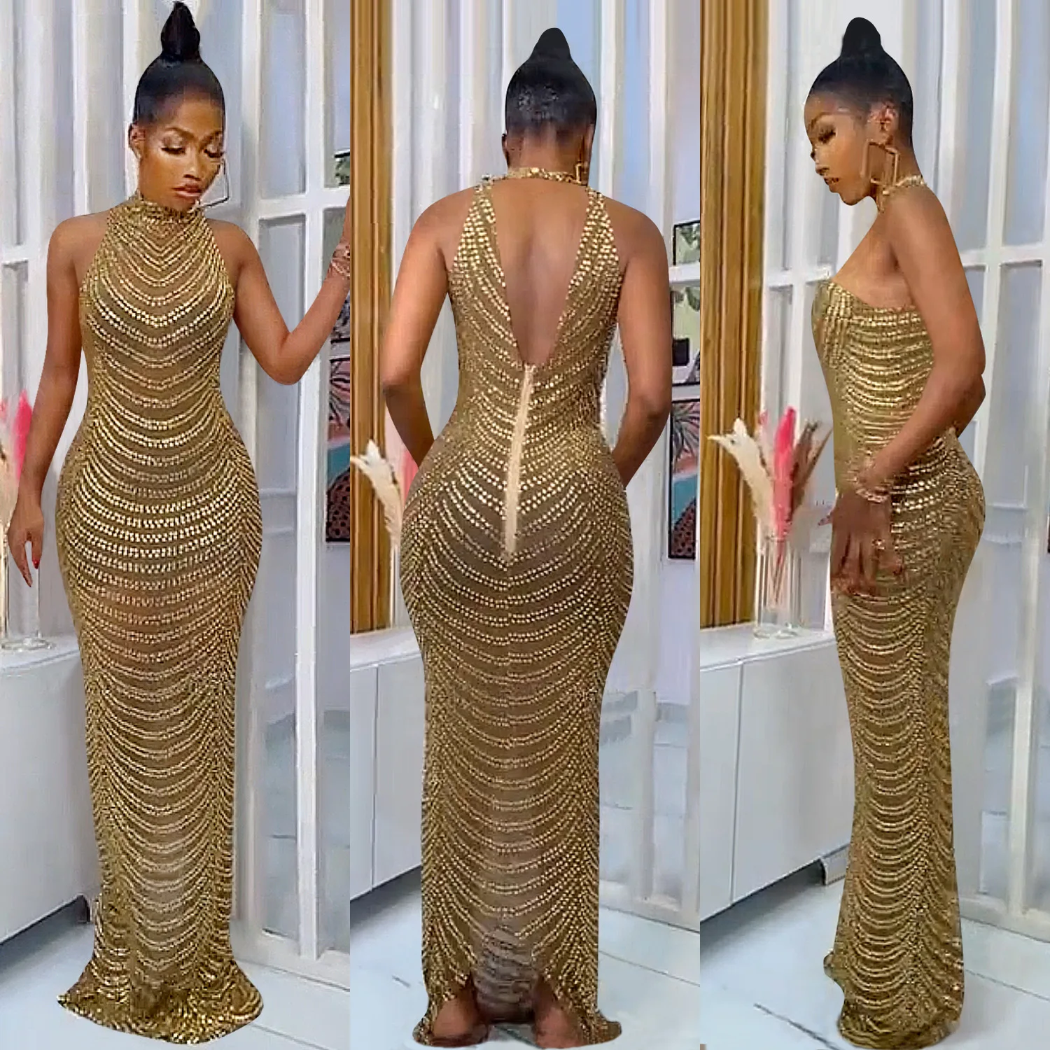 

Women Long Dress Mesh See-through Diamonds Sleeveless Halter Back Zip Stretchy Bodycon Skinny Maxi Dresses