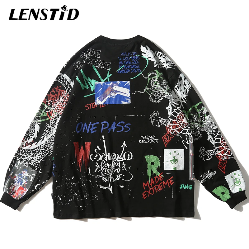 LENSTID граффити печати с длинными рукавами мужские футболки хип хоп хипстер панк