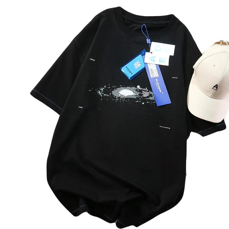 

Summer Mens Loose Solid Color Galaxy Starry Print Casual T-shirt Fashion Trend Womens Cotton Tops Short-sleeved Breathable -40