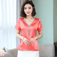 summer casual silk women blouses satin tassel v neck short sleeve pink women shirts plus size xxxl blusas femininas elegante