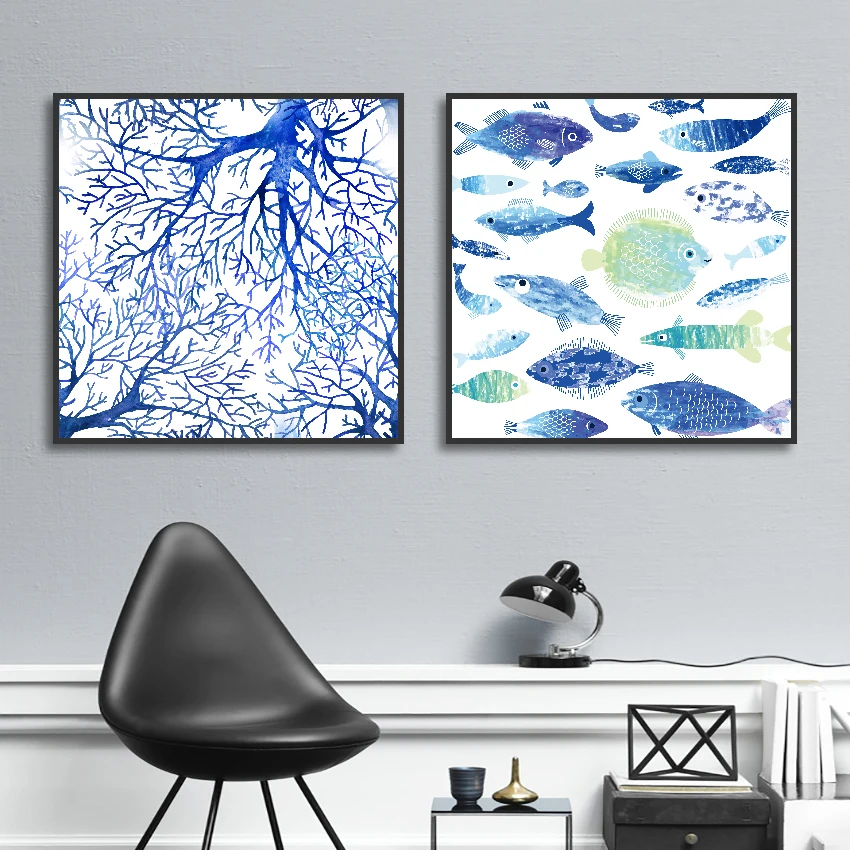 

Abstract Home Decor Canvas Art Blue Tree Branch Painting Watercolor Fish Animals Print Posters Wall Picture Framework Decoration