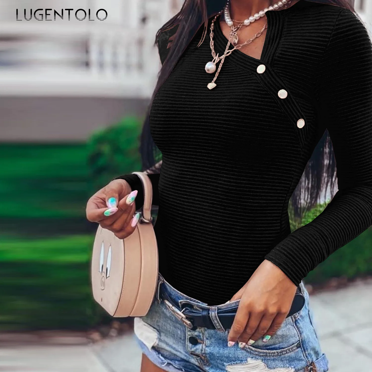 

Women T-shirt Autumn Slim-fit Tshirt Cropped Shoulder Button Irregular Top Long-Sleeve Female Bottoming T-shirts Lugentolo