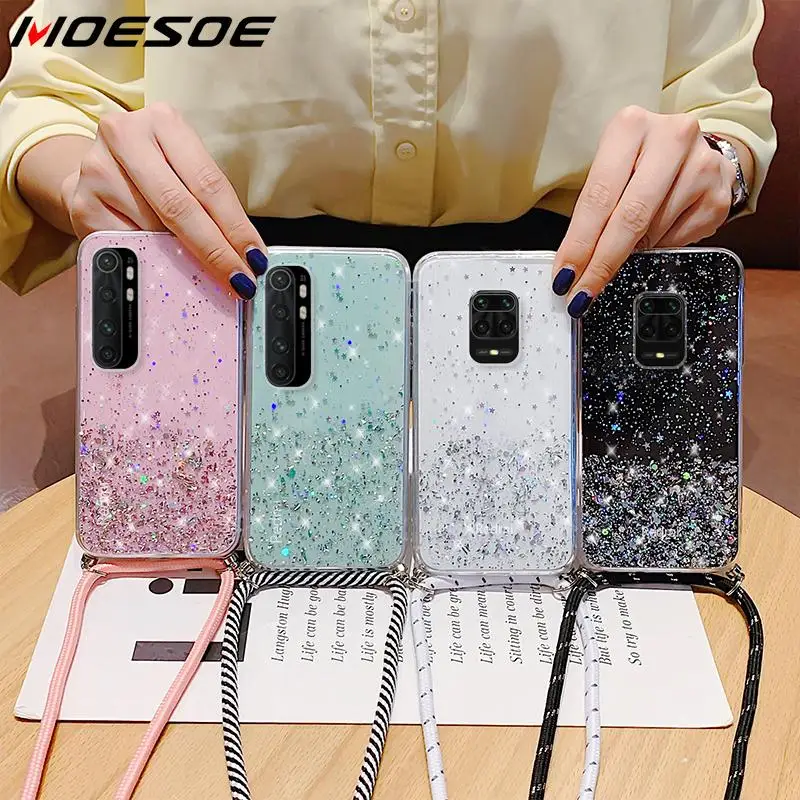 

With Neck Strap Clear Glitter Case For Xiaomi Redmi Note 10 5G 9 9s 8T 8 Pro 9T 11s Mi 11 Lite 10T 11T Poco X3 NFC M3 M4 F3