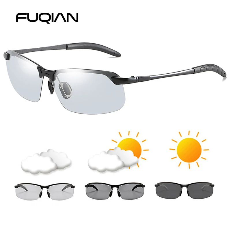 FUQIAN Photochromic Sunglasses Men Women Vintage Metal Polarized Sun Glasses For Male Night Vision Driving Sunglass