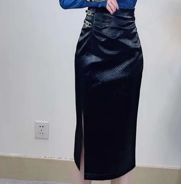 Осенне-зимняя юбка из искусственной кожи с Боковым Разрезом женская модная