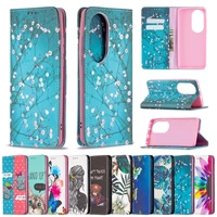 cute painted flower leather case for huawei p50 pro p30 p40 lite etui full protect cover flip card solt kickstand phone fundas