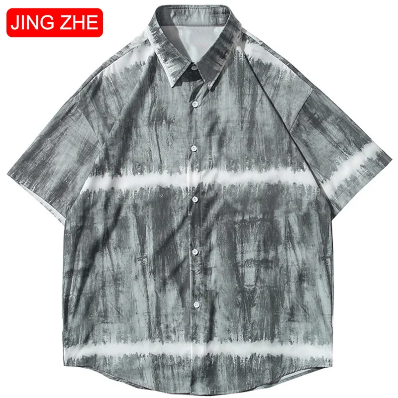 

JING ZHE Harajuku Shirt Men Tie Dye Printed Short Sleeve Shirts Summer Vintage Casual Beach Bermuda Fashion All-match Streetwear