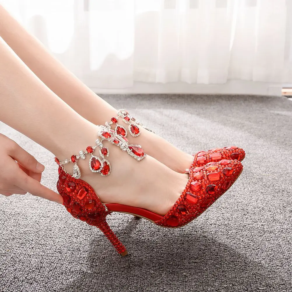 

Summer Ladies Stiletto Pointed Toe Rhinestone Sandals Bridal Dress High Heel Plus Size Diamond Chain Crystal Shoes Women A0047