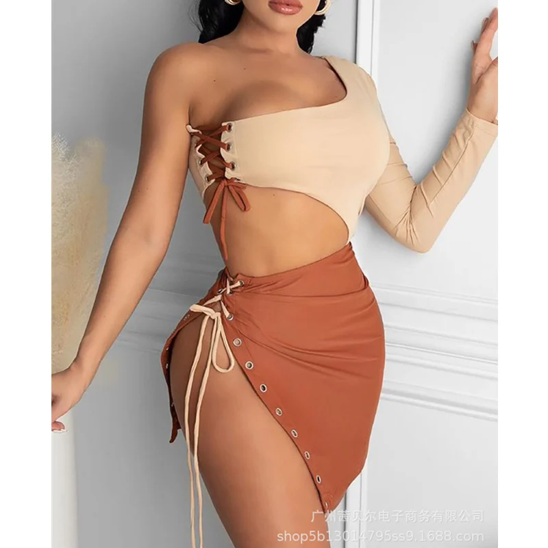 

WEPBEL Women Elegant Brown Color Patchwork Bandage Split Mini Dress Ladies Sexy Sleeveless High Waist Dress