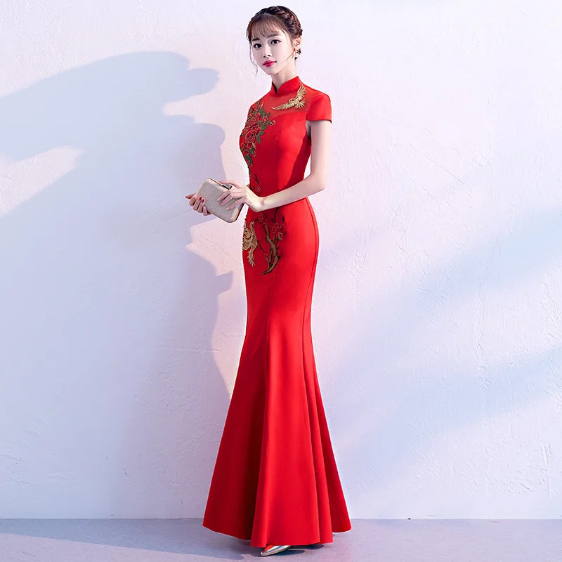 Красный Для женщин Русалка Cheongsam Длинные вечерние платья с вышивкой воротником