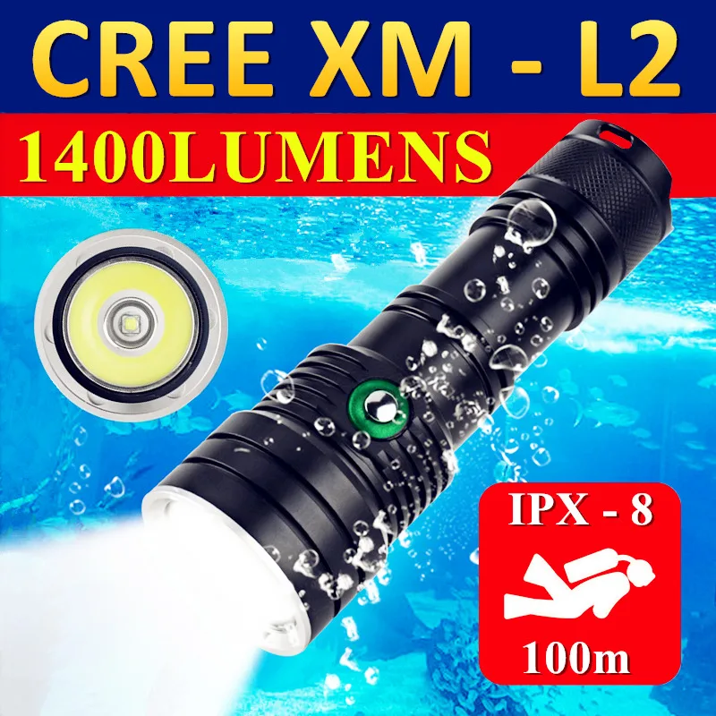 

Светодиодный подводный мощный яркий фонарик CREE XM-L2, уличный тактический фонарь высокой мощности, подводный фонарь 100 м для рыбалки, фотограф...