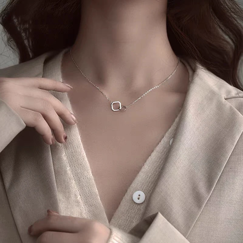 

Square Circle minimalist 925 Sterling Silver Cubic Zirconia Clavicle Chain Necklace For Women Simple Trendy Fashion Jewelry