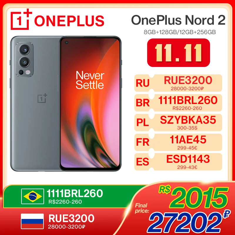 Смартфон OnePlus Nord 2, телефон со стандартным дизайном, память 8 ГБ, 128 ГБ, камера 50 МП с искусственным интеллектом, OIS MTk Dimensity 1200-AI Warp Charge 65; (11.1…