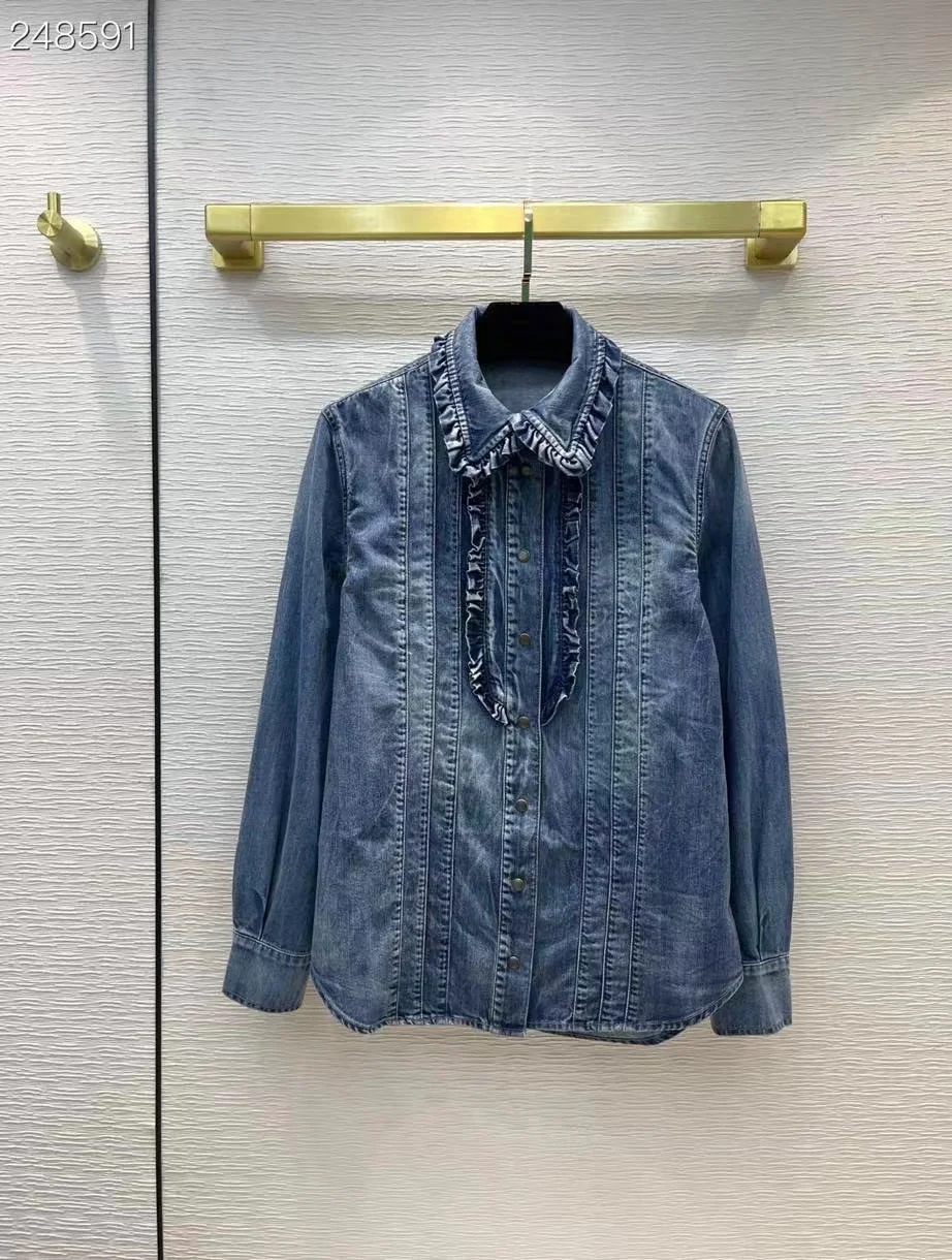 

Fyion Denim Ruffled Long Sleeve Shirt Blouse Autumn Sexy Turn down Collar Blouses Elegant Office Lady Single Breasted Tops