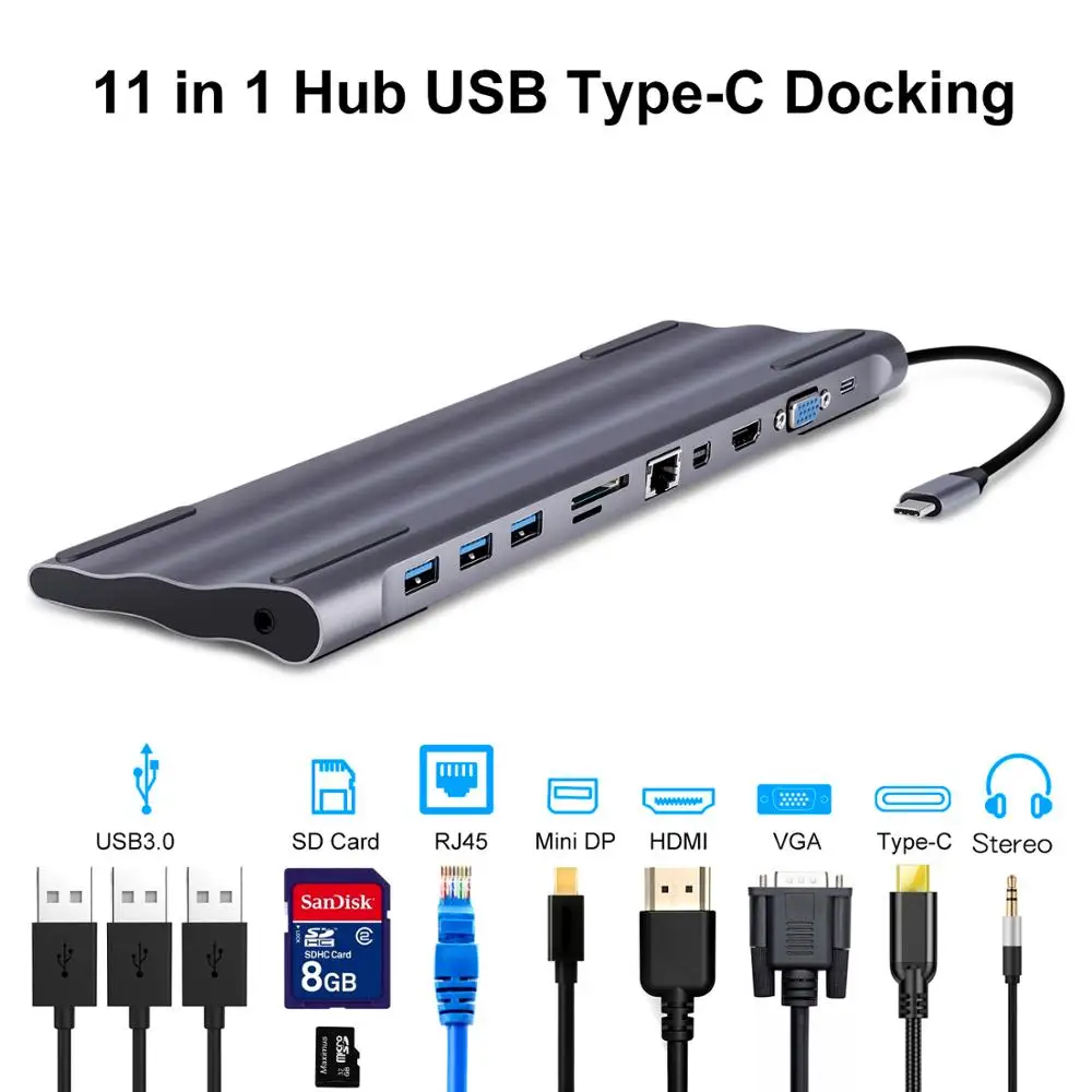 

USB-концентратор 11 в 1, USB Type C на несколько USB 3,0, адаптер HDMI 4K VGA, RJ45 Lan Ethernet TF SD-ридер для Macbook Pro Huawei Mate 30