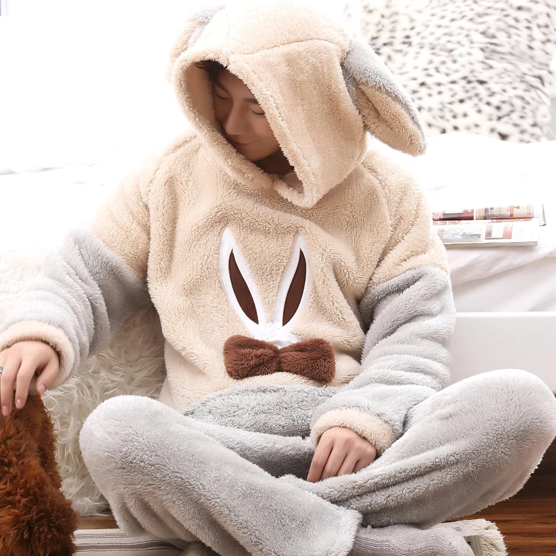 Симпатичная флисовая Пижама для мужчин плотная плюшевая зимняя мужская одежда