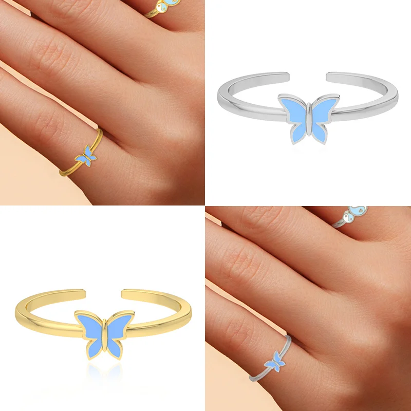 

ROMAD 925 Sterling Silver Purple Pink Blue Enamel Butterfly Adjustable Rings For Women 2021 Trend Dripping Oil Finger Rings Gift