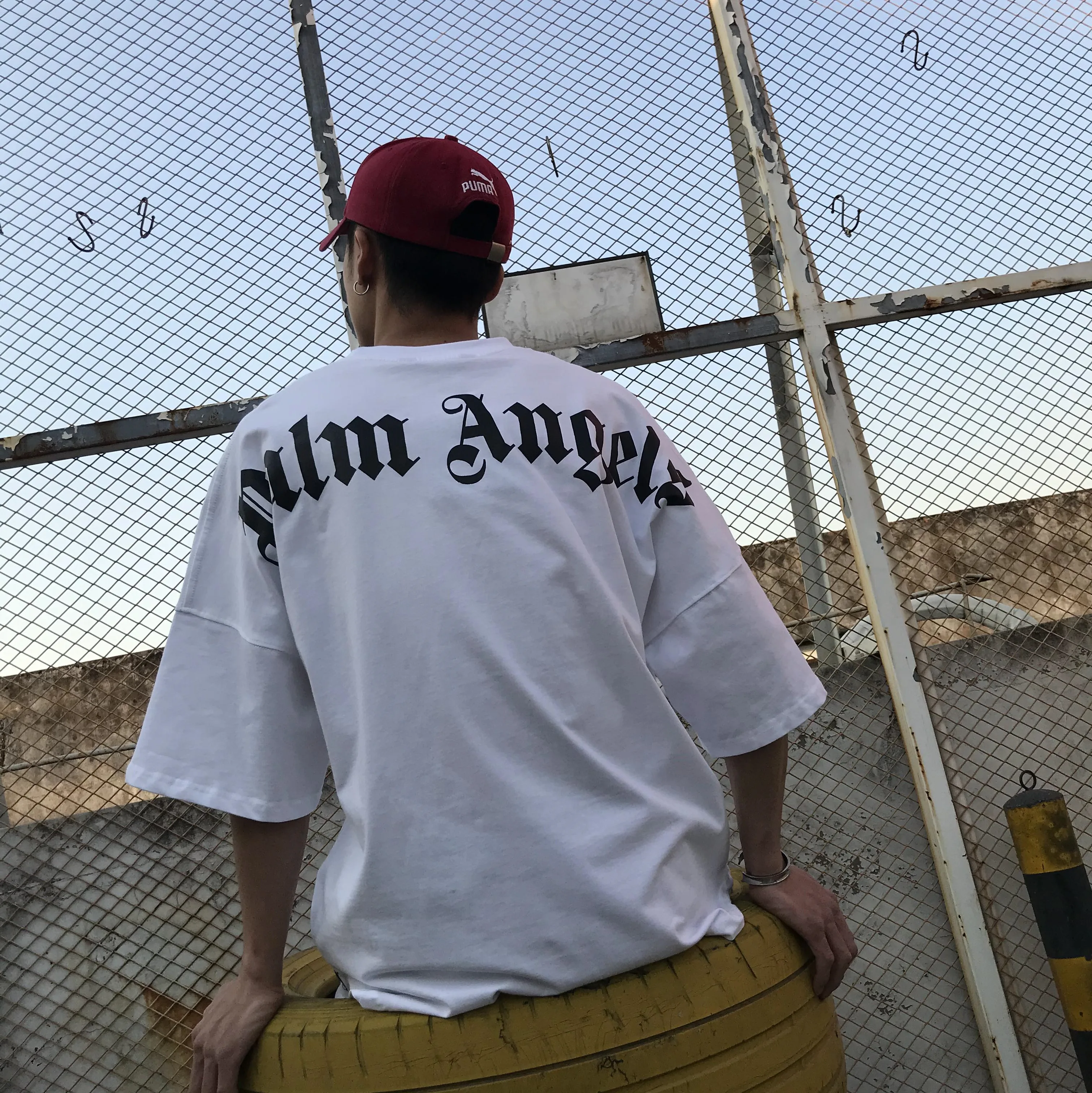 

Palm Angels Bat Sleeve Back Letter Print Short Sleeve Round Neck Loose Men Women Drop Shoulder T-Shirt PA-88