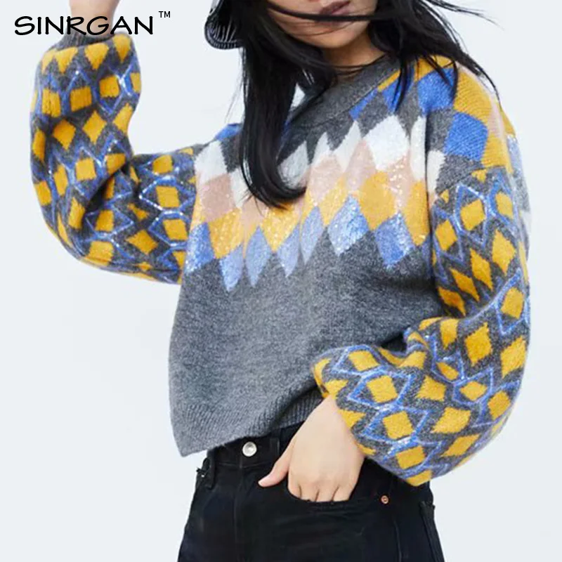 SINRGAN Geometric O Neck Knitted Sweater 2020 Autumn Winter Fashion Female Pullover Warm Thicken Tops | Женская одежда