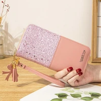 womens wallet long solid color zipper coin purse female sequin stitching tassel clutch money clip card holder wristband wallet