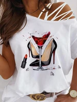 summer women casual tops short sleeve tee shirts heels graphic print one shoulder lace up t shirt for 2021
