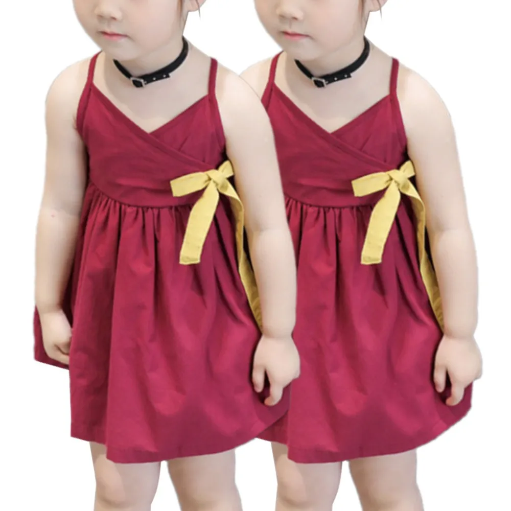 

Children's Clothing Girls Sling Strap Dress Bowknot Sleeveless Cotton Blend Plain Loose Fashion
