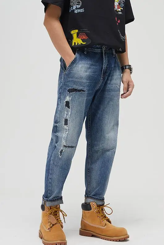 Men Jeans Denim Loose Straight Leg Ripped Patch Jeans Men Retro Beggar Ripped Jeans