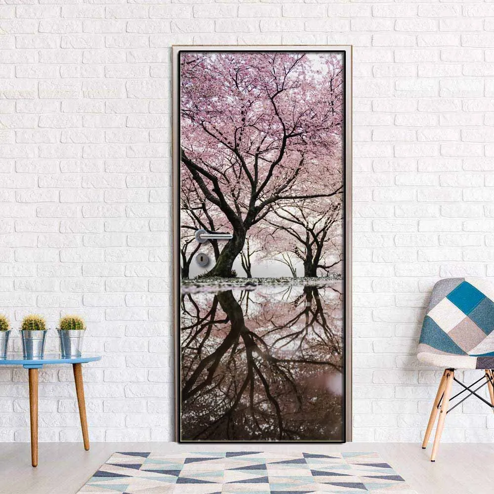 Креативная дверная наклейка Риверсайд розовое дерево крышка двери Настенная