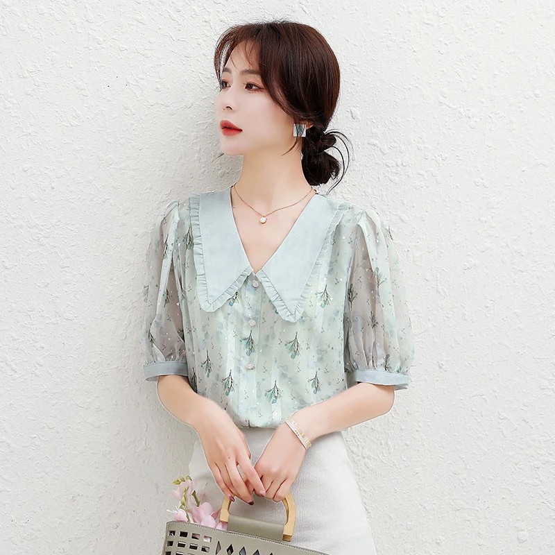 

Chiffon Slim Women's Blouses New Casual Fashion Shirt Short Sleeve Peter pan Collar Printing Buttons Tops Summer Houthion