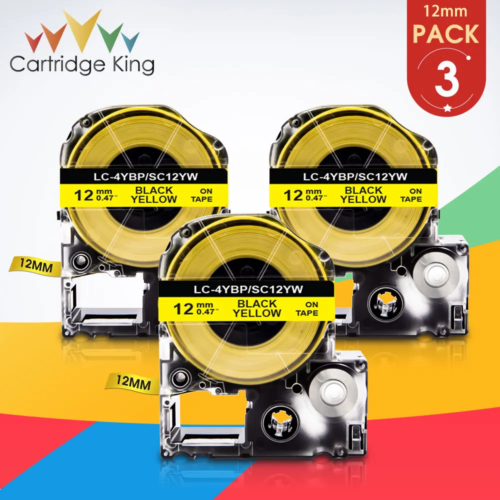 3PK SC12YW 12mm Label Tape Compatible for Espon LK-4YBP Black on Yellow Cassette Ribbon for Epson LW-400 LW-500 LW-700 Printer