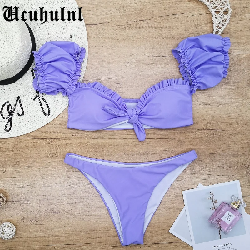 

Bikini 2021 Solid Color Sport Bandeau Swimsuit Short Sleeve Summer High Waist Cut Backless Bathing Suit Beachwear