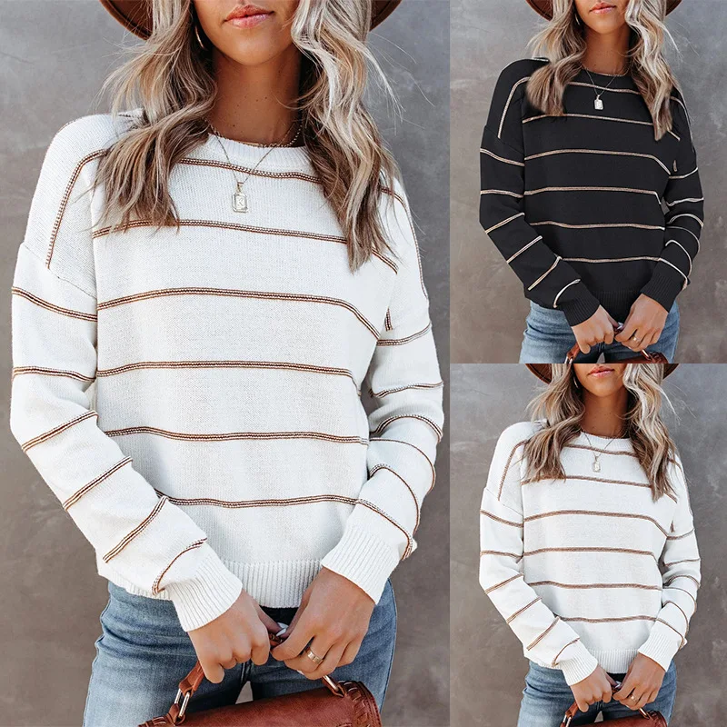

Women's New Striped Long Sleeve Pullover Core Spun Yarn Sweater in Autumn and Winter 2021 Sweater