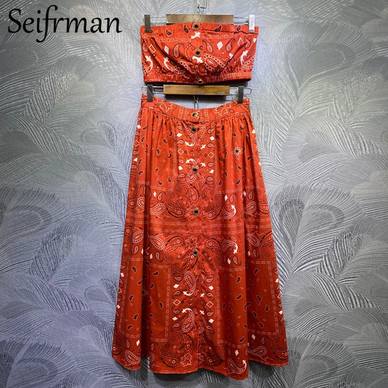Seifrmann Summer Women Fashion Designer Cotton Three Pieces Set Lantern Sleeve Short Tops+Sexy Tube Top+High Waist Midi Skirts