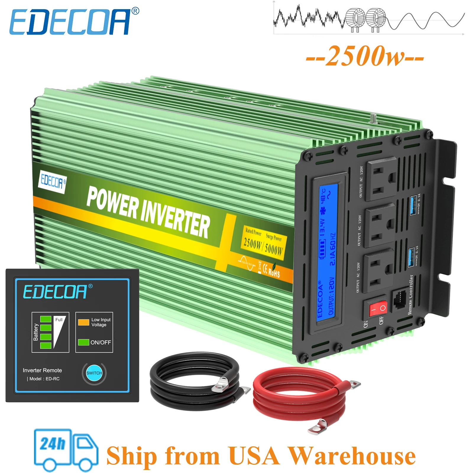 Edecoa 2500w DC 12V To AC 110V 120V 1000w 1500w Off Grid USA Sockets Power Converter Solar Pure Sine Wave Inverter 60Hz