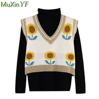 womens leisure sweater vest autumn winter 2021 girls student fashion sunflower v neck sleeveless knit pullover loose top female