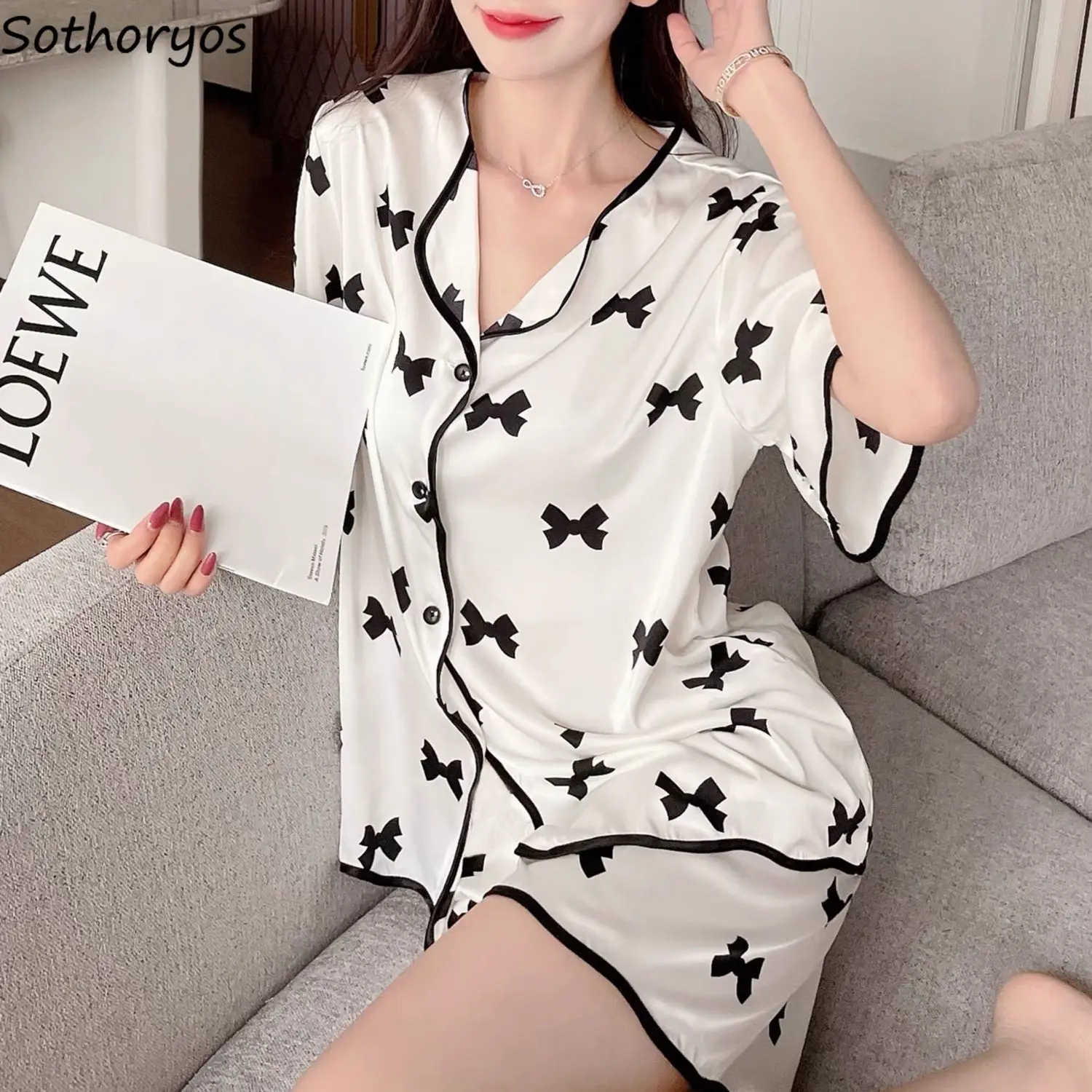 

Women Pajama Sets Printed Lovely Girls Short Sleeve Tops Elastic Waist Shorts Soft Sleepwear Summer Home Lounge Basic Cozy M-5XL