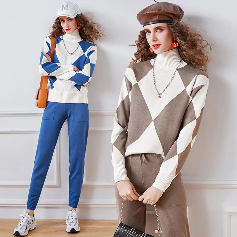 

Knitted Casual Suits Fall Winter New Turtleneck Long-sleeved Geometric Jacquard Loose Wild Sweater + Trousers 2 Piece Sets