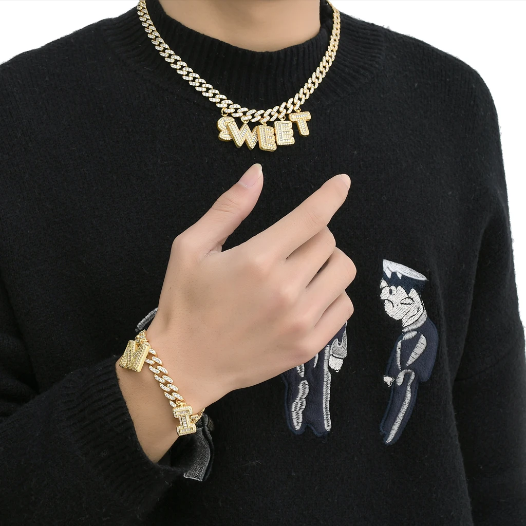 

TOPHIPHOP Custom Letter Charm Bracelet 9mm Cubic Zirconia Cuban Chain Bracelet Hip Hop Jewelry Gift Exquisite Boxed