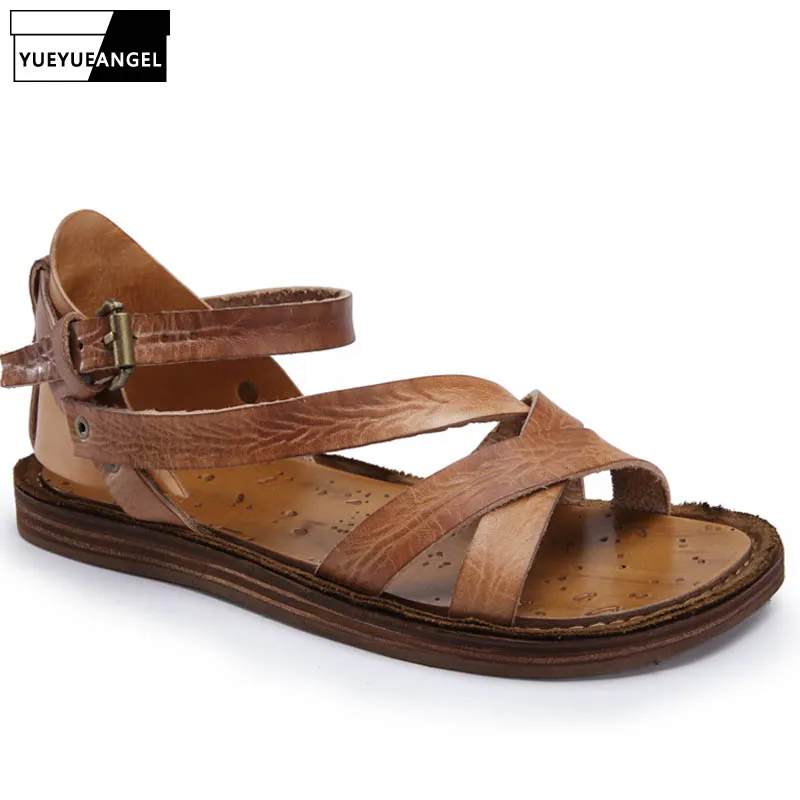 Летние повседневные сандалии из натуральной кожи с ремешком и пряжкой Новинка
