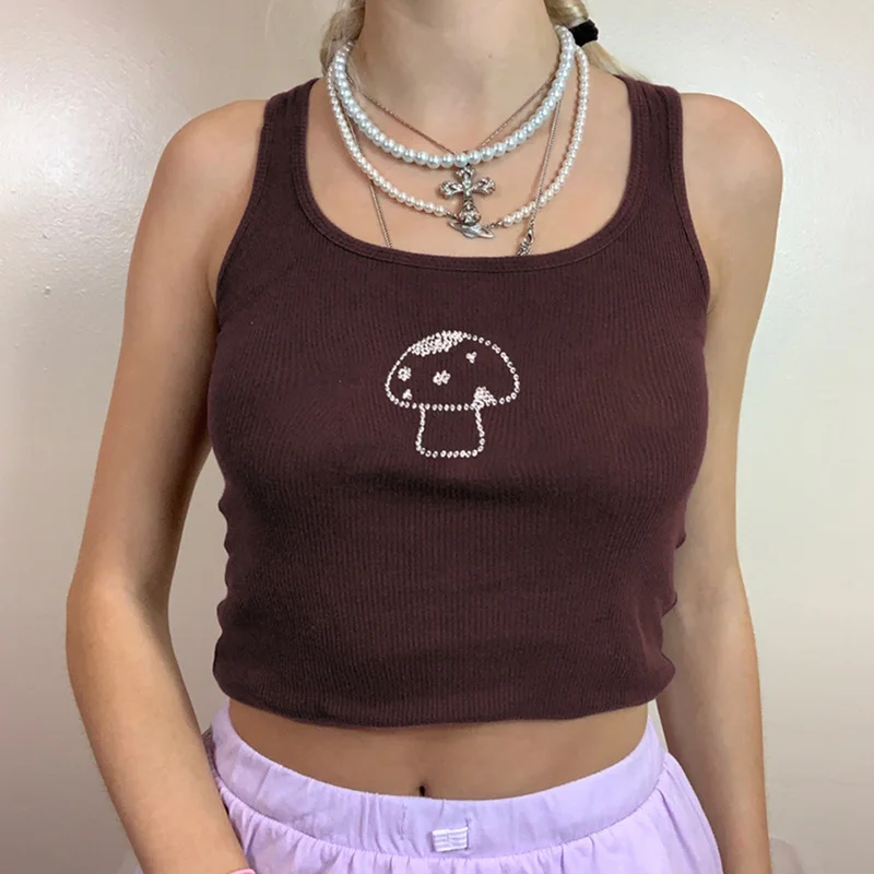 

Mushroom Graphic T Shirts Summer Clothes for Women Y2k Sexy Sleeveless Brown Top Off Shoulder 90s Aesthetic Clothes Tank Tops