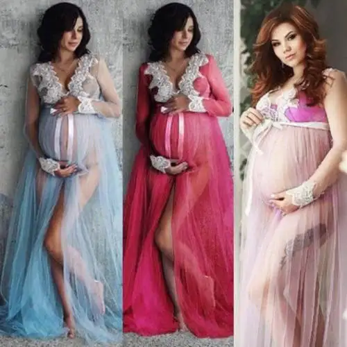 

New Pregnant Women Lace Up Long Sleeve Maternity Dress Ladies Maxi Gown Photography Photo Shoot Clothes shooting props costume
