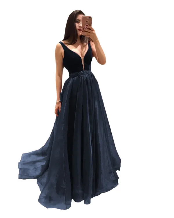 Navy Blue HONGFUYU сексуальное платье с v-образным вырезом для выпускного вечера длинное платье De Soiree Вечернее Платье бордовое атласное ТРАПЕЦИЕВИДНОЕ платье для особых случаев для свадьбы - Цвет: Navy Blue