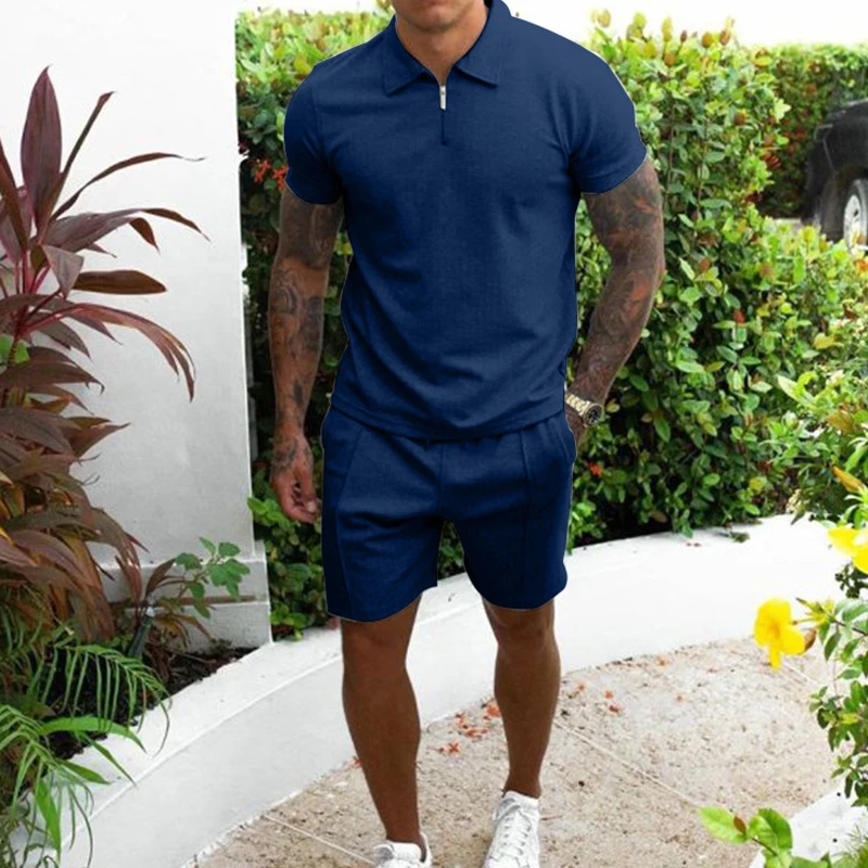 

Casual Cotton Sportswear Set Summer Men's Fashion Lapel Short Sleeved T Shirt Shorts Solid Color Sets Men Jogging Tracksuit