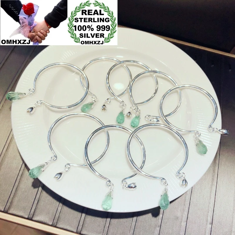 

OMHXZJ Wholesale CS113 European Fashion Woman Party Birthday Gift Natural Green Fluorite Beads 100% 999 Sterling Silver Bangle